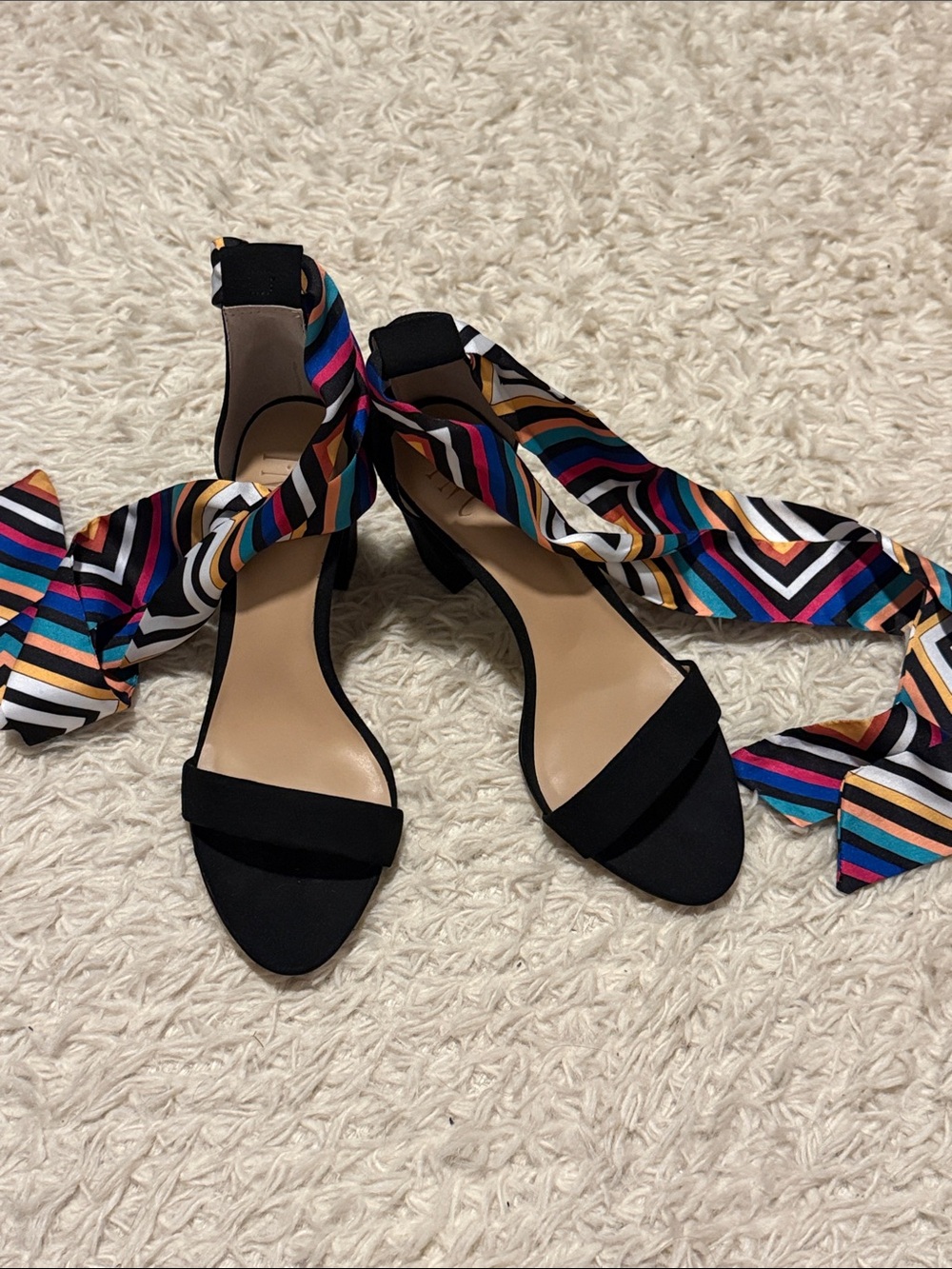 INC Black Heeled Sandals with Multicolor Ankle Tie